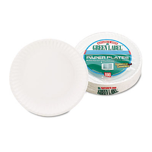 AJM Packaging Corporation White Paper Plates, 9" dia, 100/Pack, 10 Packs/Carton (PP9GREWH)