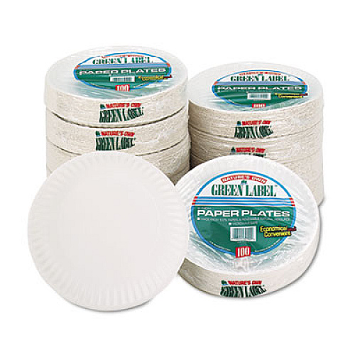 AJM Packaging Corporation White Paper Plates, 9" dia, 100/Pack, 10 Packs/Carton (PP9GREWH)
