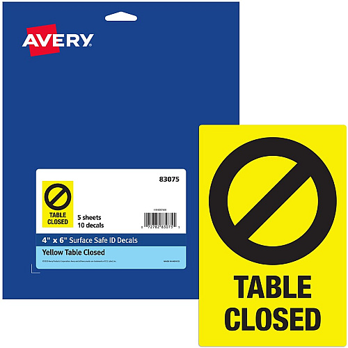 Avery Surface Safe TABLE CLOSED Preprinted Decals (83075)