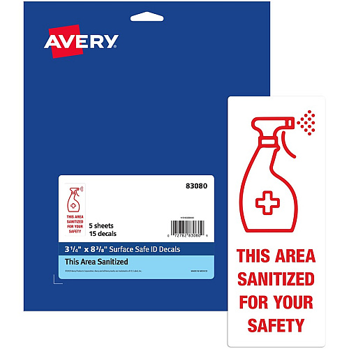 Avery Surface Safe THIS AREA SANITIZED Decals (83080)