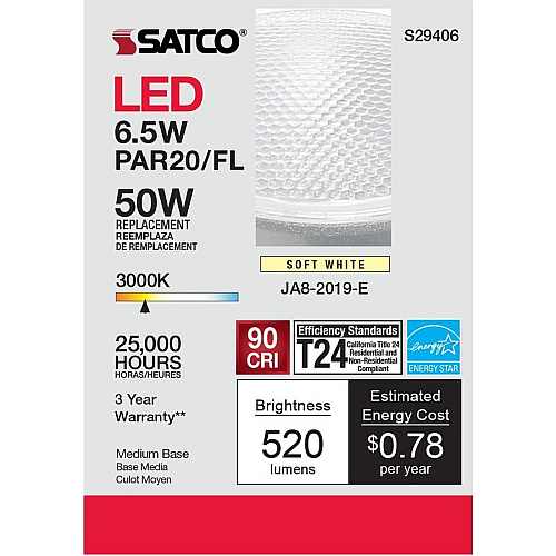 SATCO 6.5W PAR 20/FL 3000K LED Bulb (S29406)