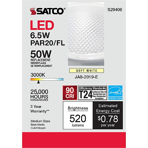 SATCO 6.5W PAR 20/FL 3000K LED Bulb (S29406)