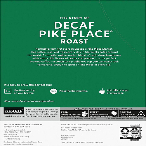 Starbucks K-Cup Decaf Pike Place Roast Coffee (12434952CT)