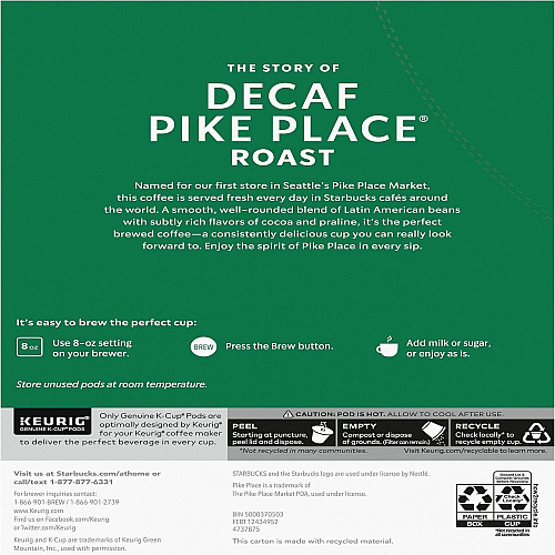 Starbucks K-Cup Decaf Pike Place Roast Coffee (12434952CT)