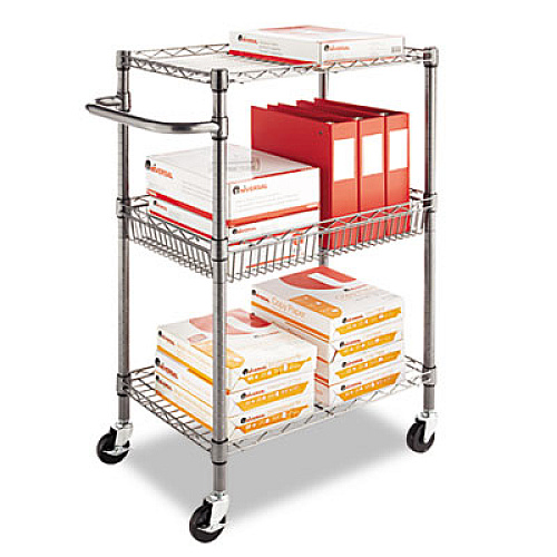 Alera Three-Tier Wire Cart with Basket, 28w x 16d x 39h, Black Anthracite (ALESW342416BA)
