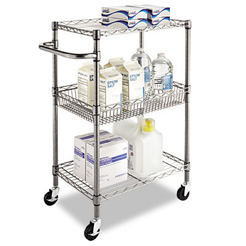 Alera Three-Tier Wire Cart with Basket, 28w x 16d x 39h, Black Anthracite (ALESW342416BA)
