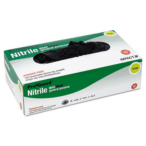 Impact Proguard Disposable Nitrile Gloves, Powder-Free, Black, Large, 100/box (8642L)