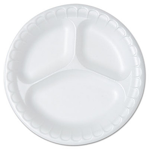 Hefty Soak Proof Tableware, Foam Plates, 8 7/8" Dia, 3-Comp, White, 50/pack (D21845)