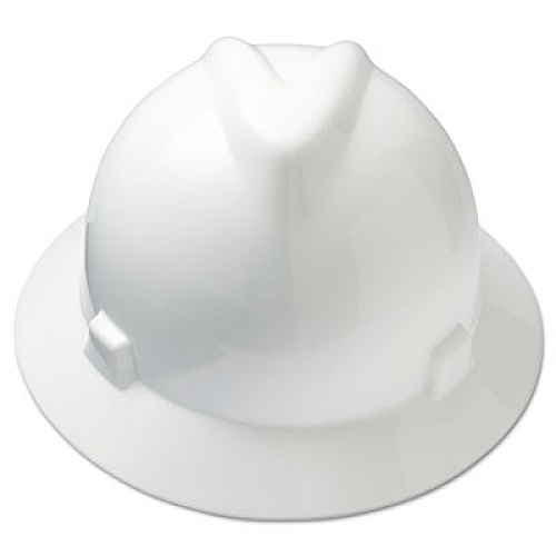 MSA V-Gard Full-Brim Hard Hats, Ratchet Suspension, Size 6 1/2 - 8, White (475369)