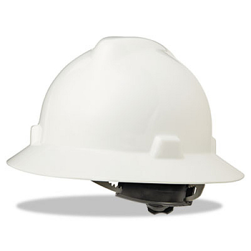 MSA V-Gard Full-Brim Hard Hats, Ratchet Suspension, Size 6 1/2 - 8, White (475369)