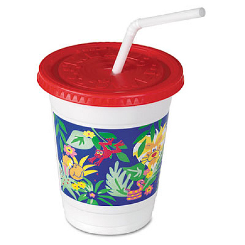 Dart Plastic Kids' Cups with Lids/Straws, 12 oz, Jungle Print, 250 Cups, 250 Lids, 250 Straws/Carton (CC12CJ5145)