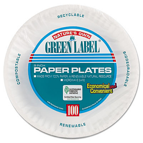 AJM Packaging Corporation Paper Plates, 9" dia, White, 100/Pack, 12 Packs/Carton (PP9GRAWH)
