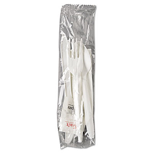 GEN Wrapped Cutlery Kit, Fork/Knife/Spoon/Napkin/Salt/Pepper, Polypropylene, White, 250/Carton (GEN6KITMW)