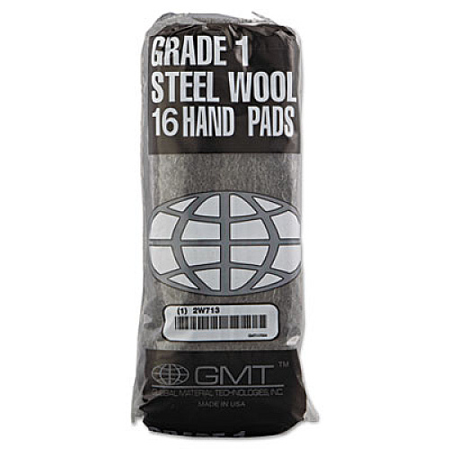 GMT Industrial-Quality Steel Wool Hand Pads, #1 Medium, Steel Gray, 16 Pads/Sleeve, 12 Sleeves/Carton (117004)