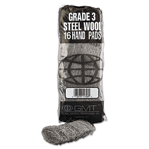 GMT Industrial-Quality Steel Wool Hand Pads, #3 Medium, Steel Gray, 16 Pads/Sleeve, 12 Sleeves/Carton (117006)