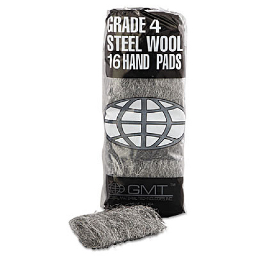GMT Industrial-Quality Steel Wool Hand Pads, #4 Extra Coarse, Steel Gray, 16 Pads/Sleeve, 12 Sleeves/Carton (117007)