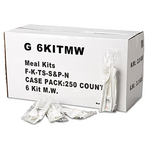 GEN Wrapped Cutlery Kit, Fork/Knife/Spoon/Napkin/Salt/Pepper, Polypropylene, White, 250/Carton (GEN6KITMW)