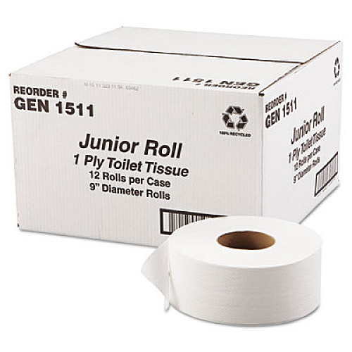 GEN JRT Jumbo-Junior Bath Tissue, Septic Safe, 1-Ply, 3.3" x 1,200 ft, White, 12 Rolls/Carton (1511)