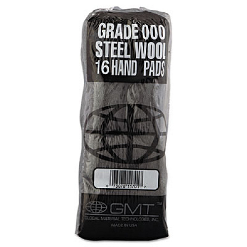 GMT Industrial-Quality Steel Wool Hand Pads, #000 Extra Fine, Steel Gray, 16 Pads/Sleeve, 12 Sleeves/Carton (117001)