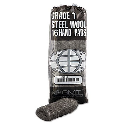 GMT Industrial-Quality Steel Wool Hand Pads, #1 Medium, Steel Gray, 16 Pads/Sleeve, 12 Sleeves/Carton (117004)