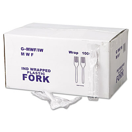 GEN WRAPPED CUTLERY, 6 1/8" FORK, MEDIUMWEIGHT, POLYPROPYLENE, WHITE, 1,000/CARTON (GENMWFIW)