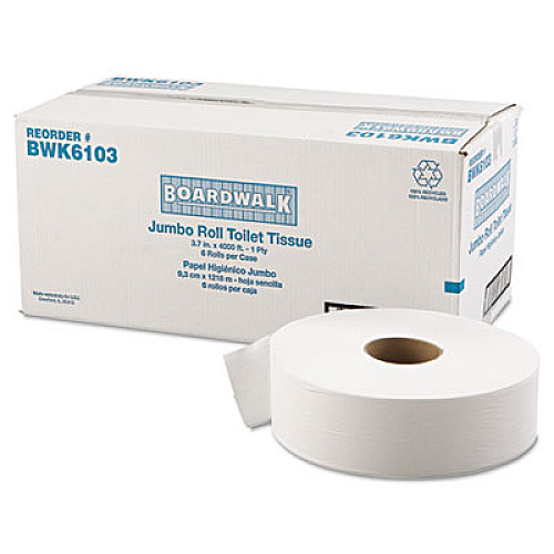 Boardwalk JRT Bath Tissue, Jumbo, Septic Safe, 1-Ply, White, 3 5/8" x 4000 ft, 6/Carton (BWK6103)