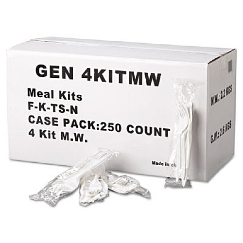 GEN Wrapped Cutlery Kit, Fork/Knife/Spoon/Napkin, Mediumweight, Polypropylene Plastic, White, 250/Carton (GEN4KITMW)