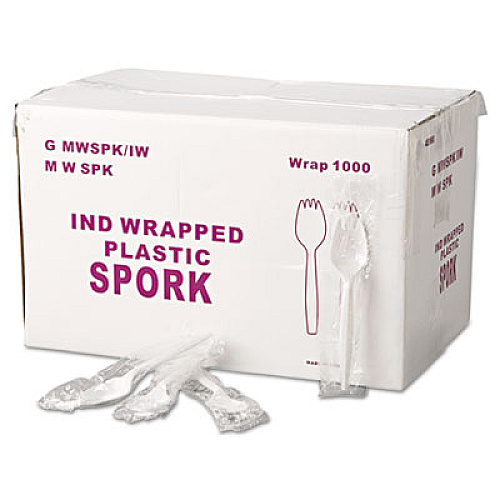 GEN WRAPPED CUTLERY, 5,75" SPORK, MEDIUMWEIGHT, POLYPROPYLENE, WHITE, 1,000/CARTON (GENMWSPKIW)