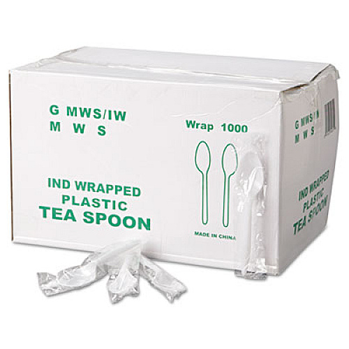 GEN Wrapped Cutlery, 5 7/8" Teaspoon, Mediumweight, Polypropylene, White, 1,000/Carton (GENMWSIW)