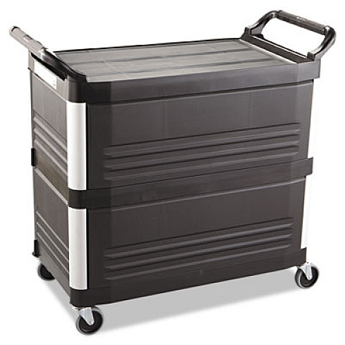 Rubbermaid Commercial Xtra Utility Cart with Enclosed Sides and Back, Plastic, 3 Shelves, 300 lb Capacity, 20" x 40.63" x 37.8", Black (4093BLA)