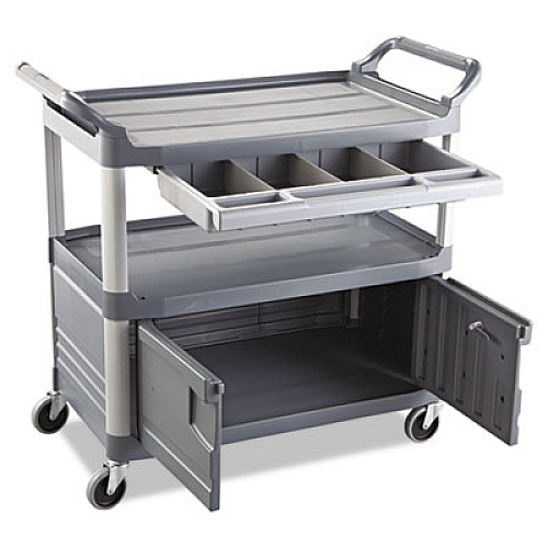 Rubbermaid Commercial Xtra Instrument Cart with Locking Storage Area, Plastic, 3 Shelves, 300 lb Capacity, 20" x 40.63" x 37.8", Gray (4094GRA)