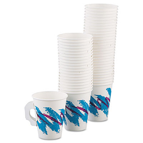 Dart Jazz Paper Hot Cups with Handles, 8 oz, White/Green/Purple, 50 Bag, 20 Bags/Carton (378HJZJ)