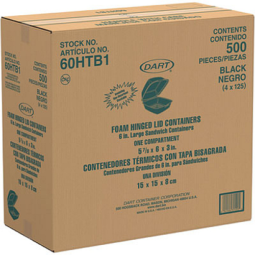 Dart Foam Hinged Lid Containers, Large Sandwich, 6 x 5.9 x 3, Black, 125/Bag, 4 Bags/Carton (60HTB1)