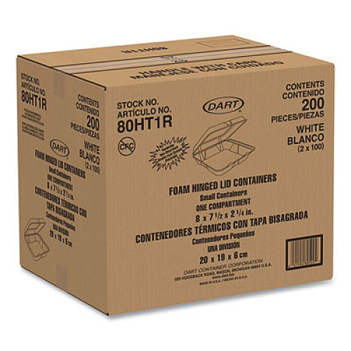 Dart Foam Hinged Lid Containers, 7.5 x 8 x 2.2, White, 200/Carton (80HT1R)