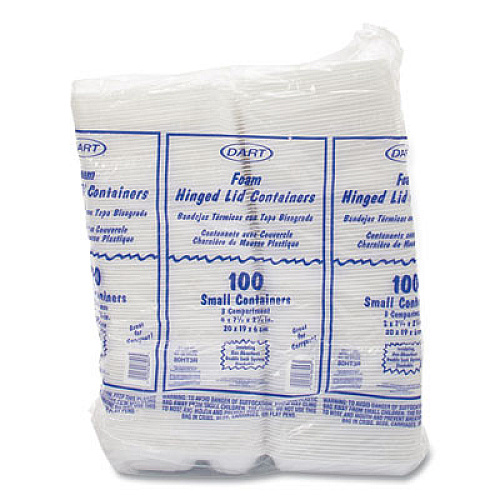 Dart Foam Hinged Lid Containers, 3 Compartments, 7.5 x 8 x 2.3, White, 200/Carton (80HT3R)