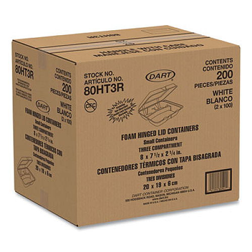 Dart Foam Hinged Lid Containers, 3 Compartments, 7.5 x 8 x 2.3, White, 200/Carton (80HT3R)