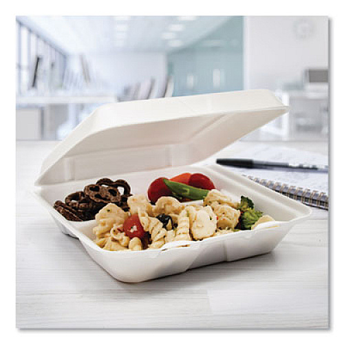 Dart Foam Hinged Lid Containers, 3 Compartments, 7.5 x 8 x 2.3, White, 200/Carton (80HT3R)