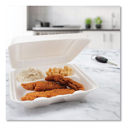 Dart Foam Hinged Lid Containers, 3 Compartments, 7.5 x 8 x 2.3, White, 200/Carton (80HT3R)