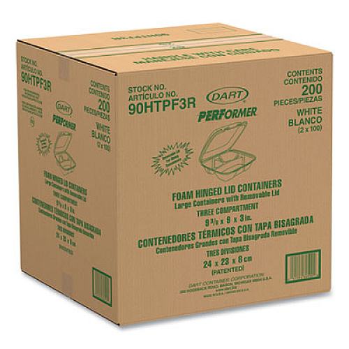 Dart Foam Hinged Lid Container, Performer Perforated Lid, 3 Compartments, 9 x 9.4 x 3, White, 100/Bag, 2 Bag/Carton (90HTPF3R)