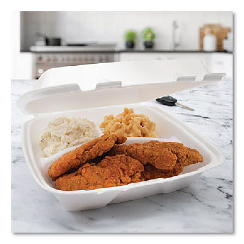 Dart Foam Hinged Lid Container, Performer Perforated Lid, 3 Compartments, 9 x 9.4 x 3, White, 100/Bag, 2 Bag/Carton (90HTPF3R)