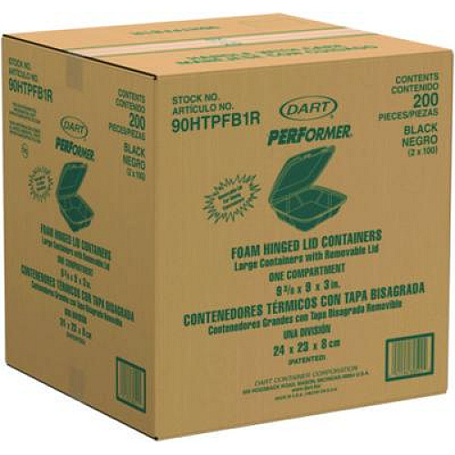 Dart Insulated Foam Hinged Lid Containers, 9.01 x 9.4 x 3.1, Black, 100/Bag, 2 Bags/Carton, 200 Containers/Carton (90HTPFB1R)