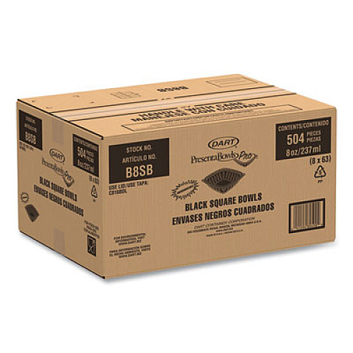 Dart PresentaBowls Pro Black Square Bowls, 8 oz, 5 x 5 x 1.5, Plastic, 63/Bag, 8 Bags/Carton (B8SB)