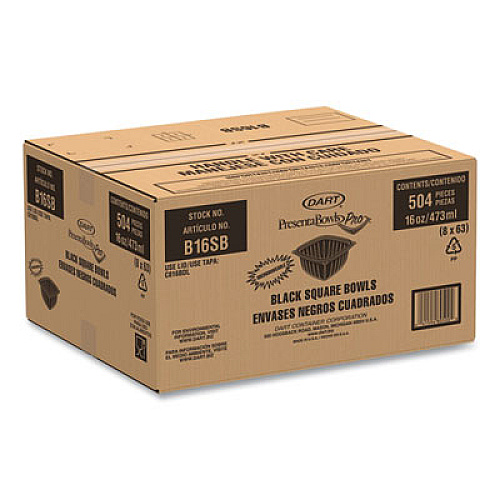 Dart PresentaBowls Pro Black Square Bowls, 16 oz, 5 x 5 x 2.5, Plastic, 63/Bag, 8 Bags/Carton (B16SB)