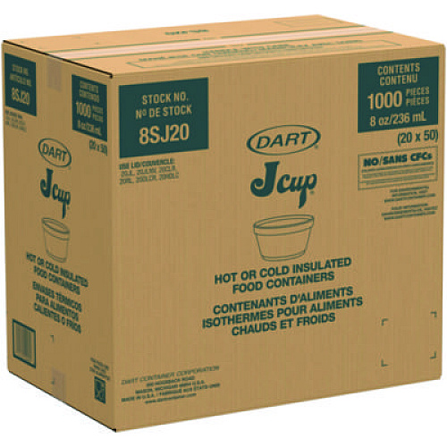Dart Food Containers, Squat, 8 oz, White, Foam, 1,000/Carton (8SJ12)
