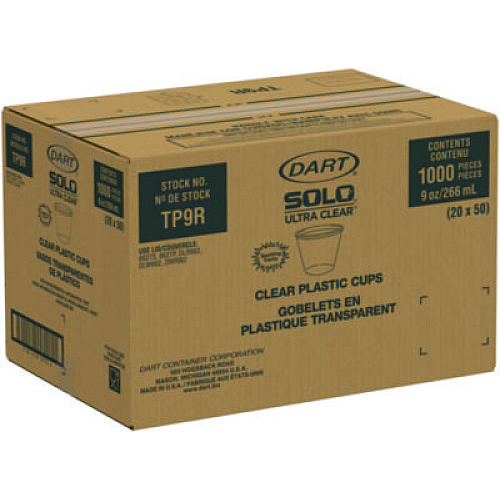 SOLO Ultra Clear PET Cups, Squat, 9 oz, Plastic, 50/Bag, 20 Bags/Carton (TP9R)