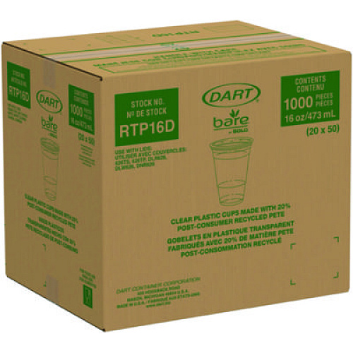 Dart Bare Eco-Forward RPET Cold Cups ProPlanet Seal, 16 oz to 18 oz, Plastic, Leaf Design, Clear, 50/Pack, 20 Packs/Carton (RTP16DBARECT)