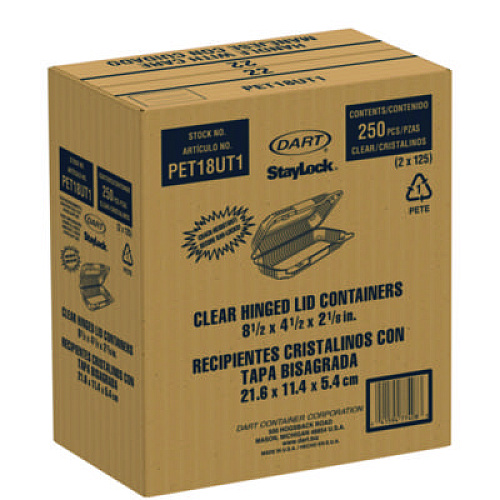Dart StayLock Clear Hinged Lid Containers, 4.5 x 8.5 x 2.1, Clear, Plastic, 250/Carton (PET18UT1)