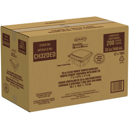 Dart ClearPac SafeSeal Tamper-Resistant/Evident Containers, Domed Lid, 32 oz, Clear, Plastic, 100/Bag, 2 Bags/Carton (CH32DED)