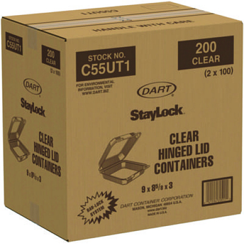 Dart StayLock Clear Hinged Lid Containers, 8.6 x 9 x 3, Clear, Plastic, 100/Pack, 2 Packs/Carton (C55UT1)