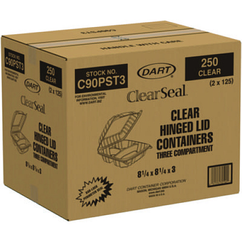 Dart ClearSeal Hinged-Lid Plastic Containers, 8.25 x 8.25 x 3, Clear, Plastic, 125/Pack, 2 Packs/Carton (C90PST3)